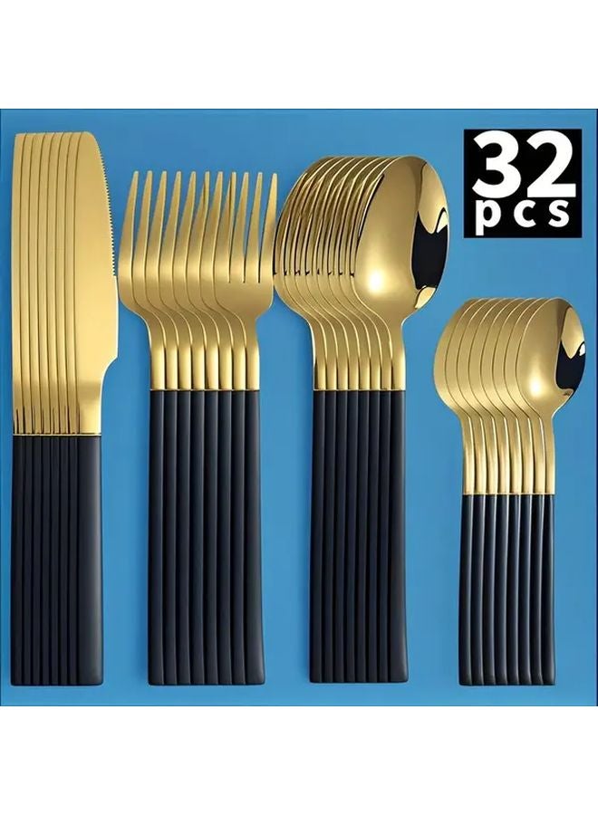 32 Pcs Golden Black Stainless Steel Knight Cutlery Set Forks Spoons Knives - Image 1